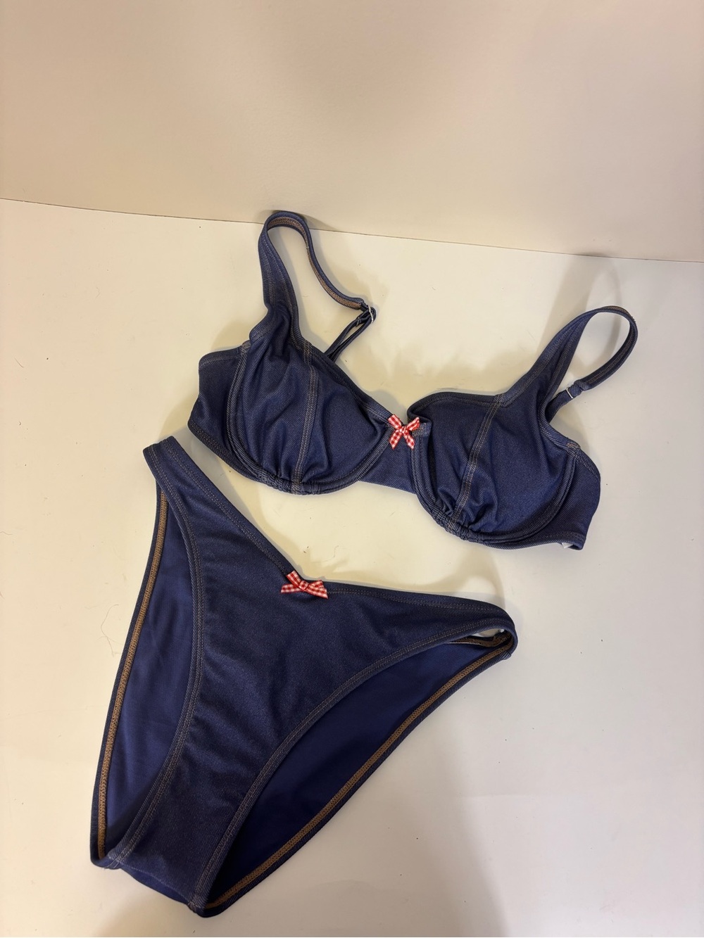 wild fable Blue Denim Look Bikini Set with Red Gingham Bows XS Bottoms Small Top